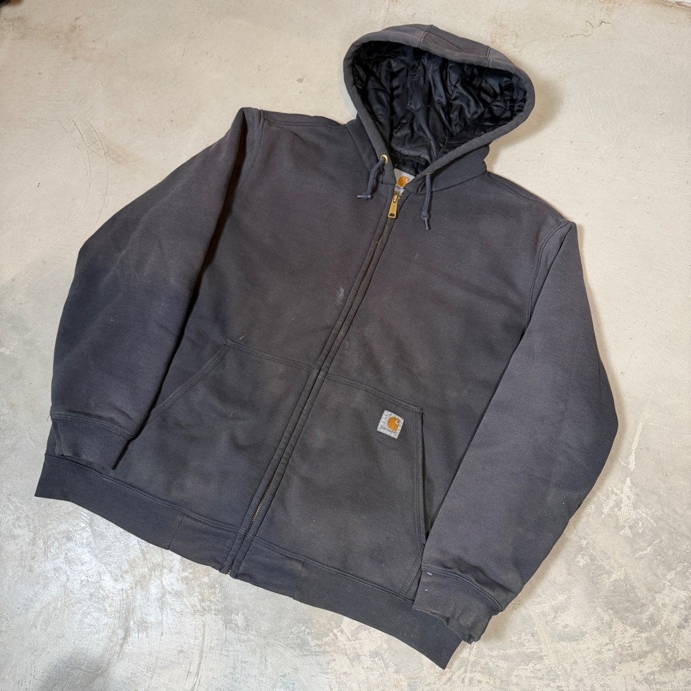 Carhartt Mens XL Black Thermal Lined Full Zip Hoodie Faded Distressed Workwear